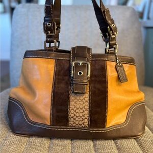 STRIPE COACH HAMPTON SATCHEL SHOULDER TRAVEL TOTE BAG BROWN SOFT LEATHER F11345